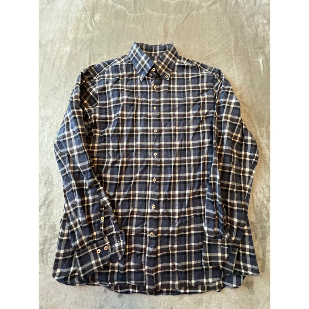 Stenströms Flannel Shirt Mens XL Blue Plaid Excellent Fitted Body Button Down